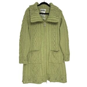 NWOT Aran Crafts Merino Wool Butterfly Stitch Long Zip Cardigan Green XL